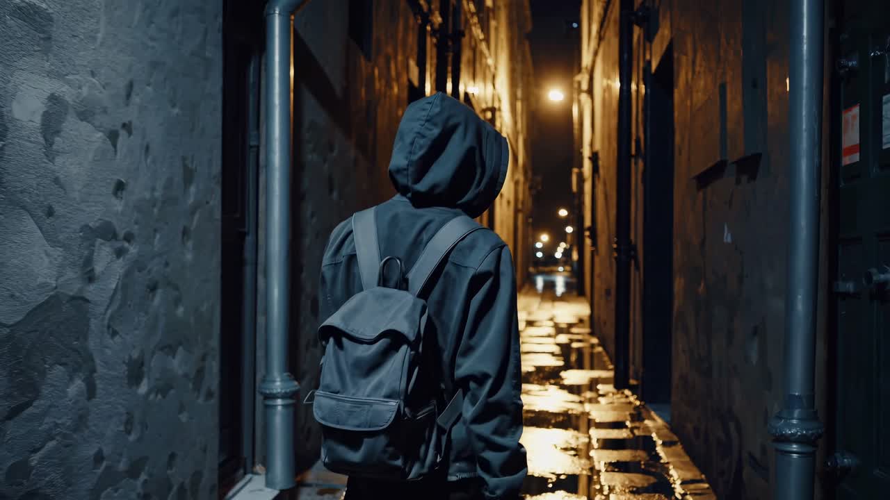 A cinematic video scene shows a hooded figure walking down a dimly lit alley at night
