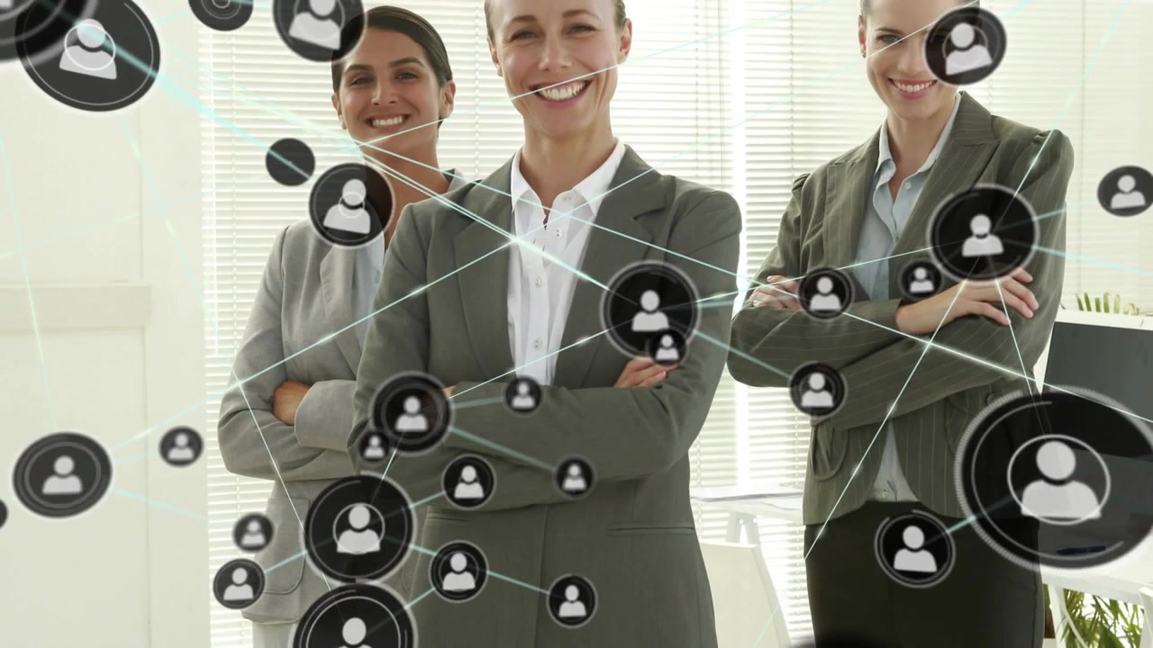 Three women, one avatar popping on center woman, sparking growing avatar net showing business ties