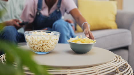 happy, relax and a black couple with chips