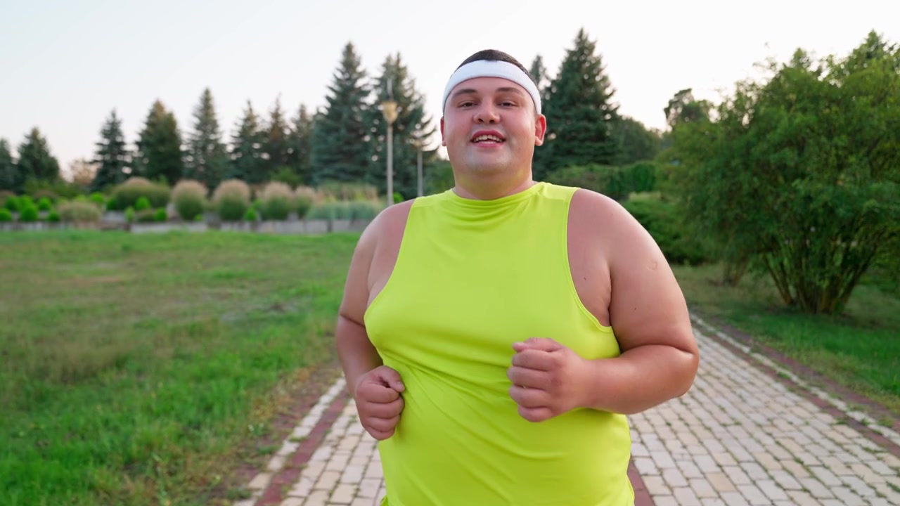 Uomo in sovrappeso determinato che fa jogging all'aperto in un parco