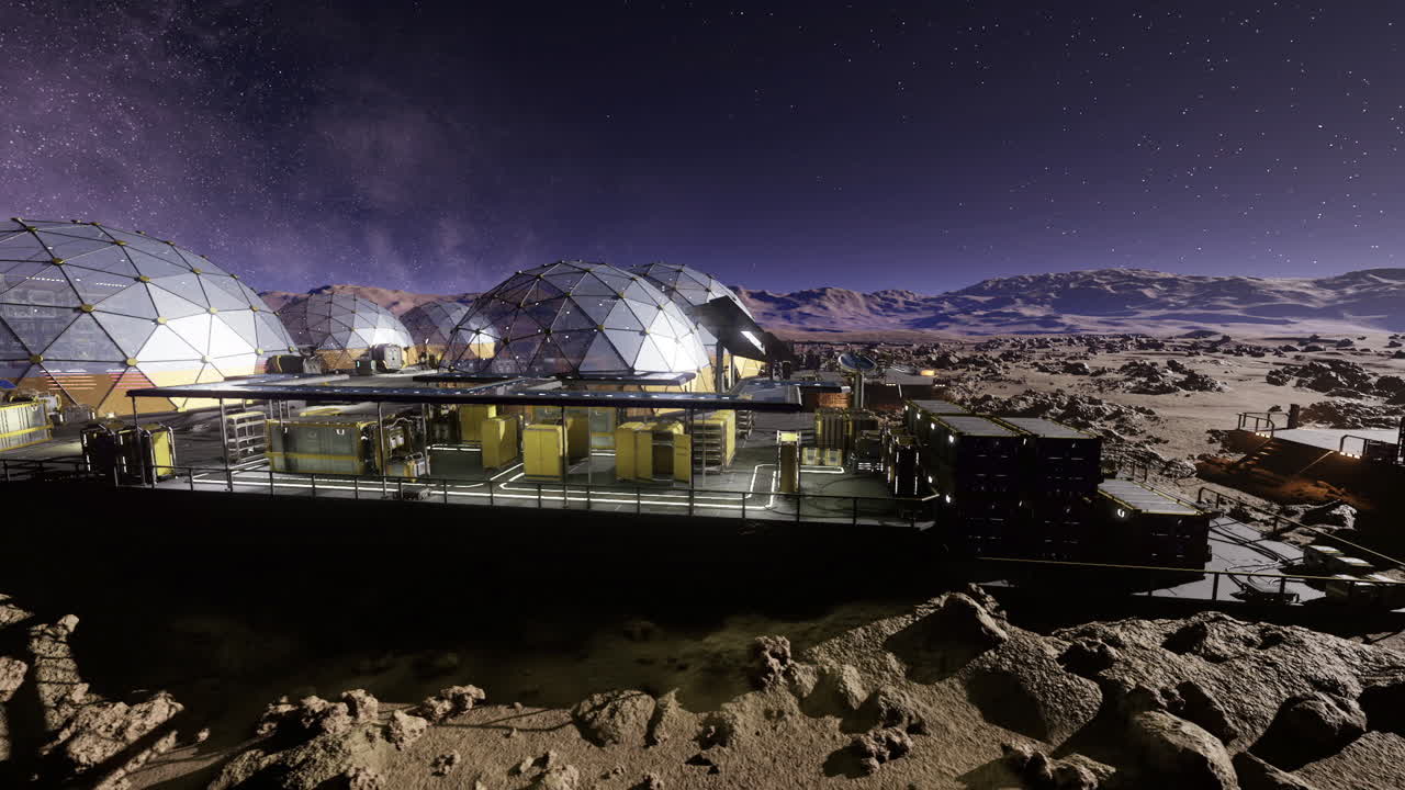 Equipamento científico adorna uma cena de superfície de cratera pacífica iluminada pela lua