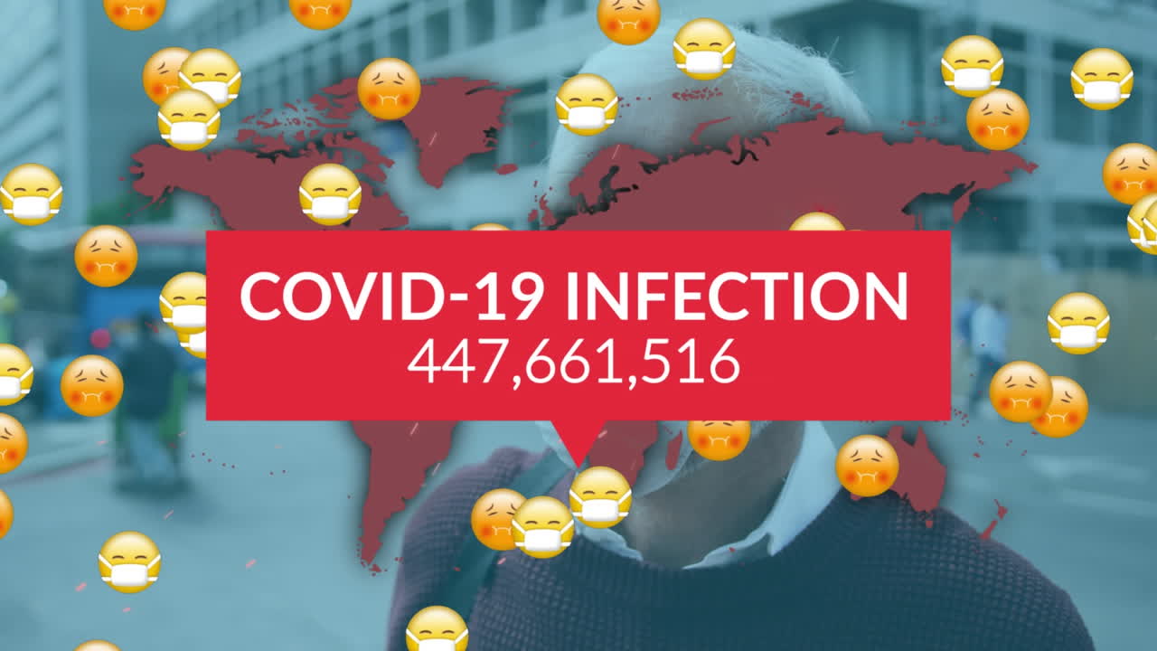 animación del procesamiento de datos de covid 19 sobre el hombre y múltiples emojis enfermos con máscaras faciales