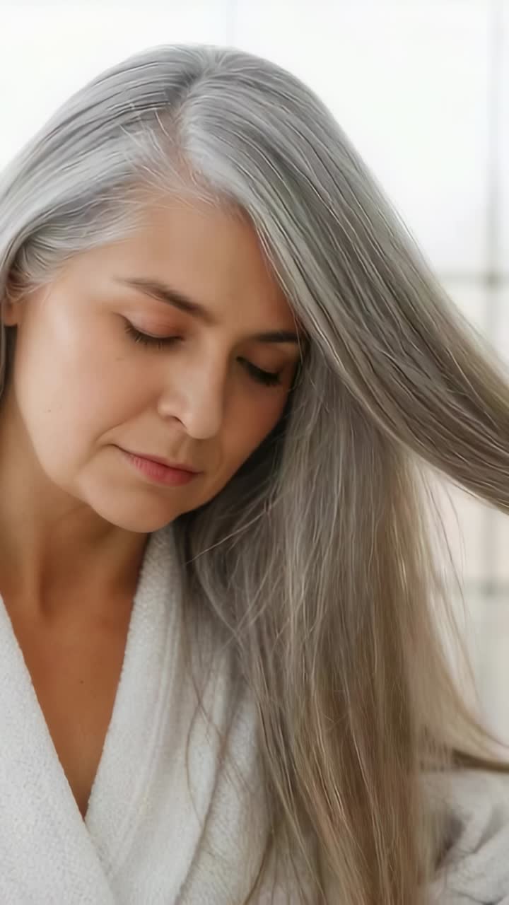 Vídeo vertical: mujer mayor abriendo los ojos y cepillándose el pelo frente al tocador con un cepillo de madera y albornoz blanco