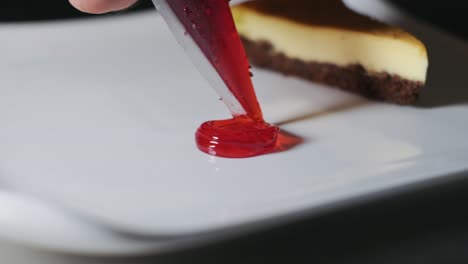 piece of tasty chocolate cheese cake served in white plate on table