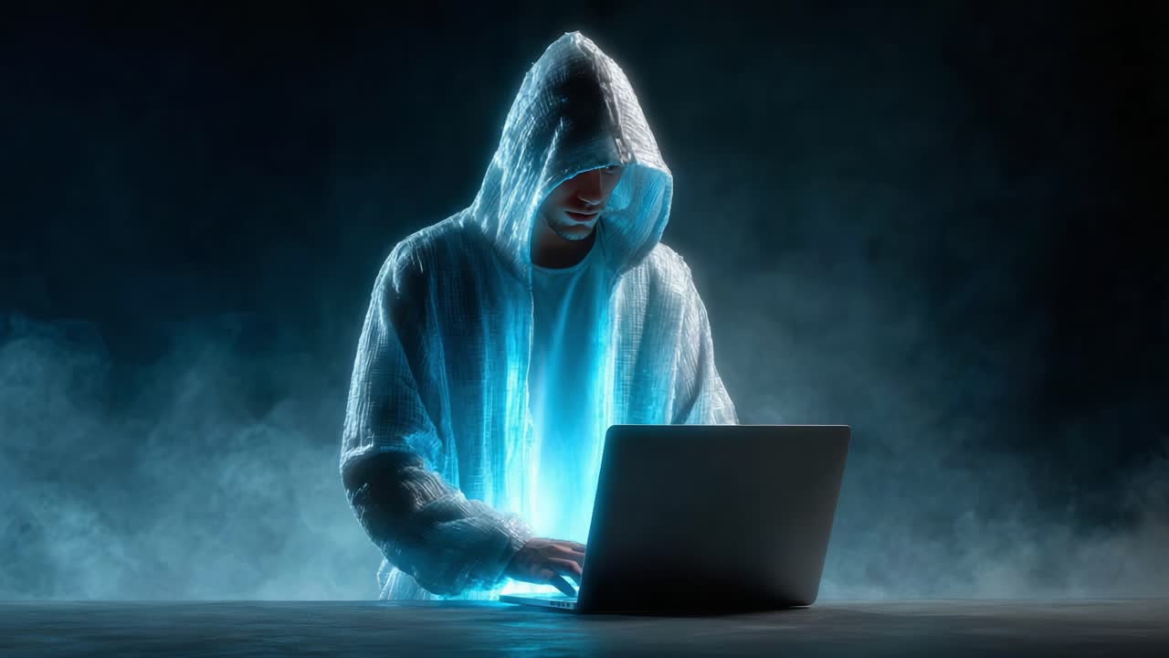 An Enigmatic Figure Engaged with Technology: A Mysterious Person in a Hooded Cloak Illuminated by a Laptop Screen in a Dark, Misty Environment