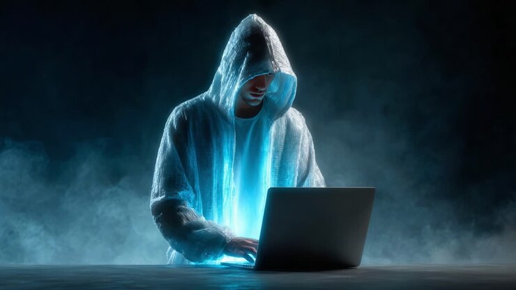 En gådefuld person optaget af teknologi: En mystisk person i en hætteklædt kappe, der er oplyst af en bærbar computerskærm i et mørkt, tåget miljø