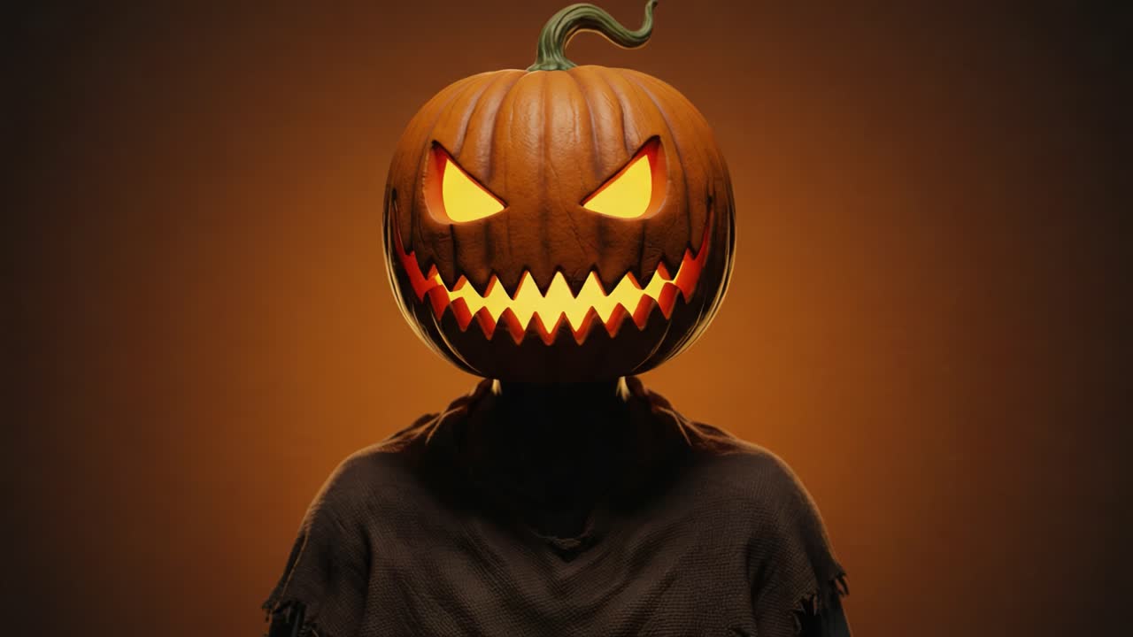A mysterious figure adorned with a carved Halloween pumpkin head, showcasing a wicked grin with glowing eyes, captures the essence of Halloween's spooky spirit