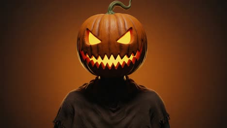 a mysterious figure adorned with a carved halloween pumpkin head, showcasing a wicked grin with glowing eyes, captures the essence of halloween's spooky spirit