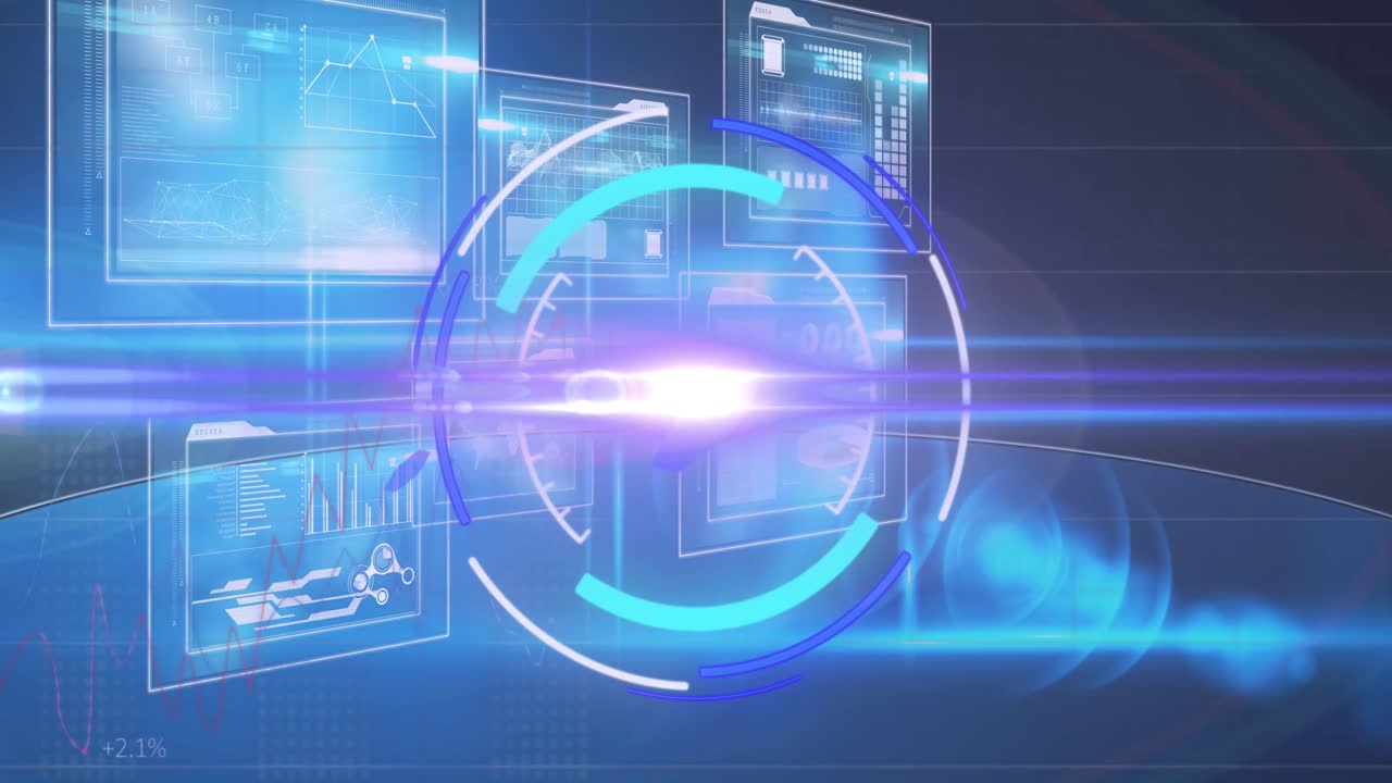 과학적 그래프와 데이터 위를 이동하는 처리 원의 애니메이션