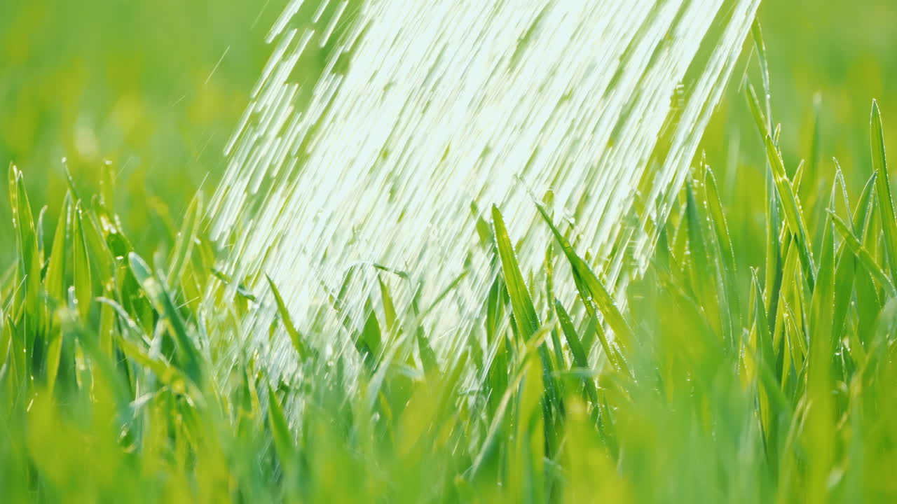 녹색 잔디밭에 물을 주는 물방울은 육즙이 많은 잔디 클로즈업 샷에 떨어집니다