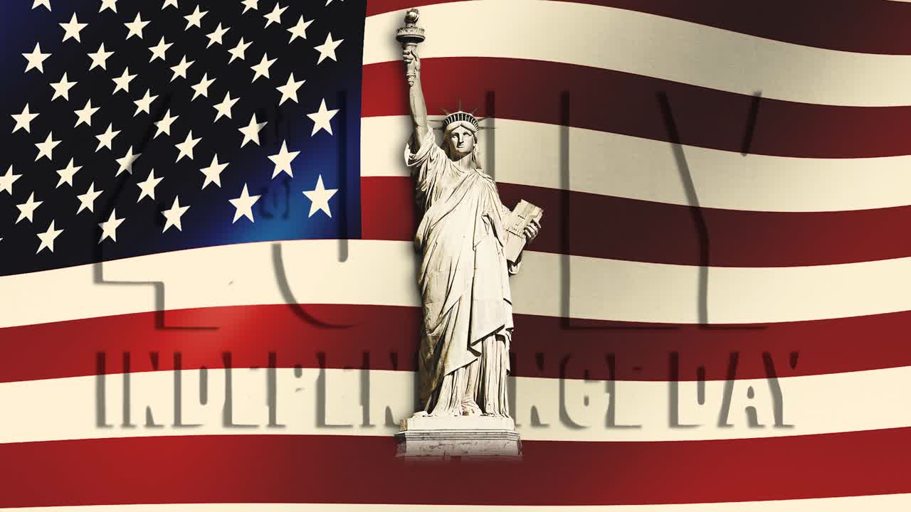 The Statue of Liberty and the text - 4th of july Independance Day - with a waving US flag in the background.