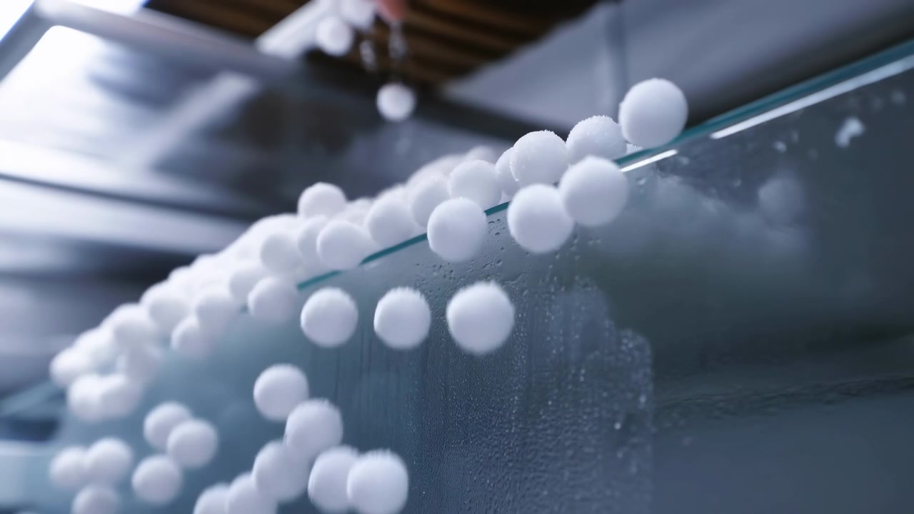 White foam spheres cascade and slide along angled transparent glass shelf, building dense ridge on upper surface while loose pieces fall below, creating soft abstract motion, cool light, and clean
