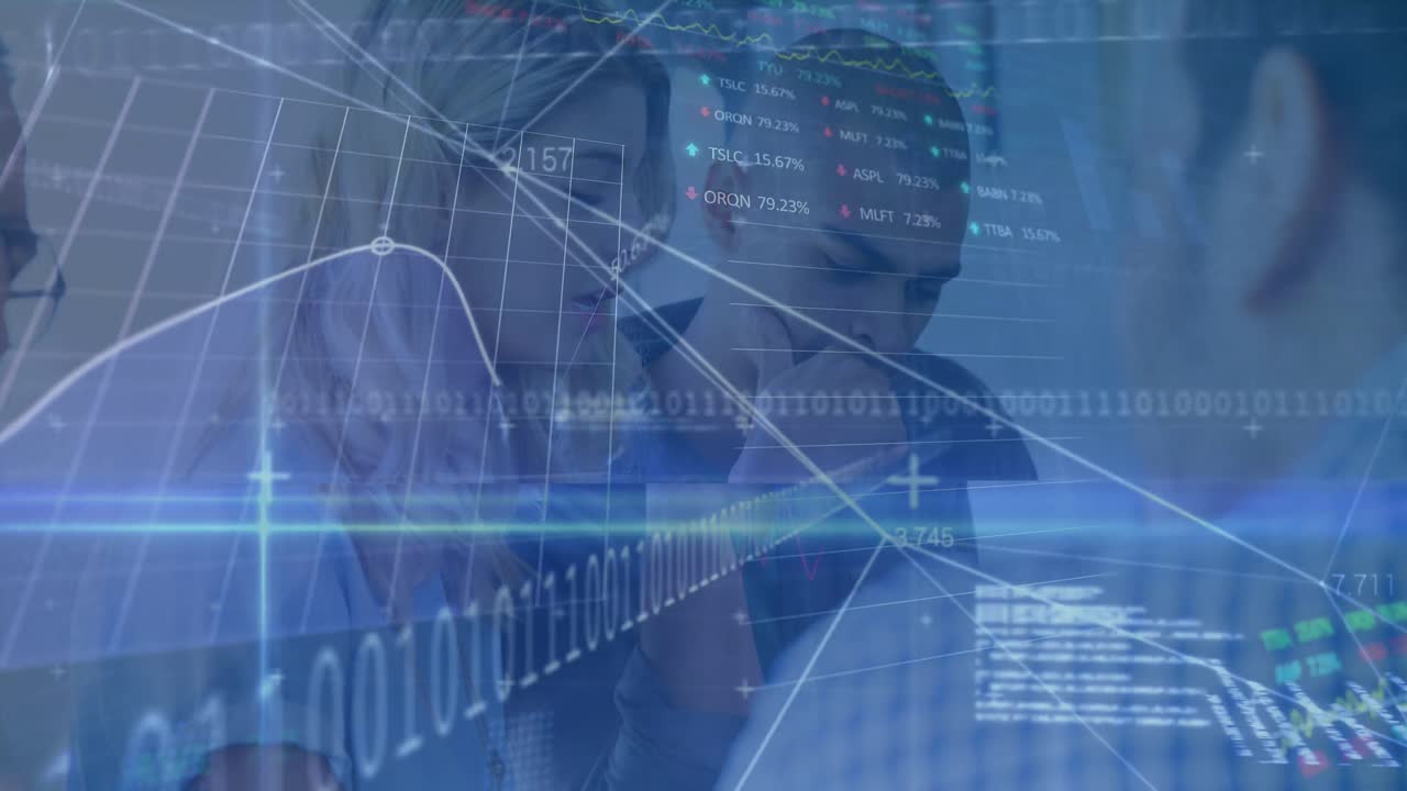 animación del procesamiento de datos financieros y el mercado de valores sobre diversas personas de negocios en la oficina