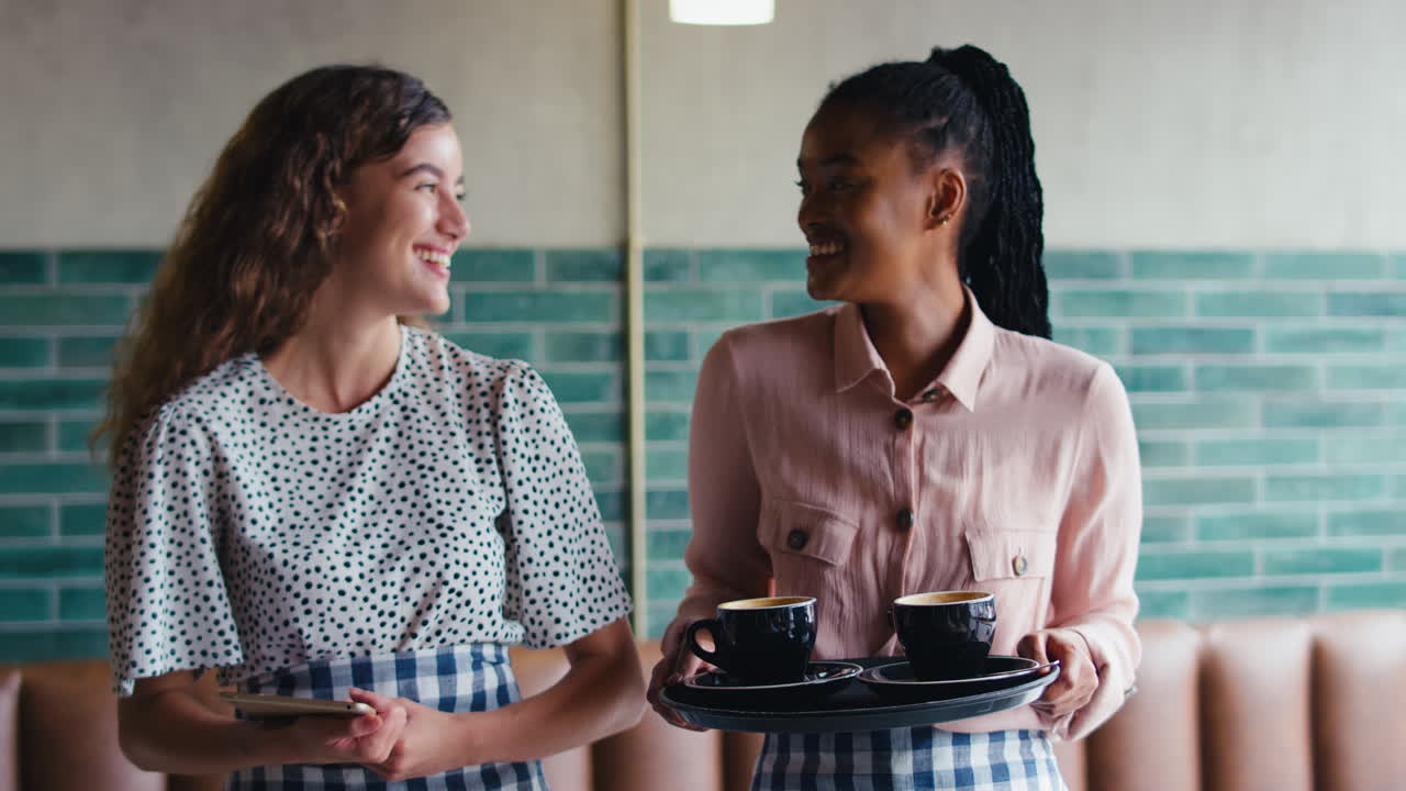 retrato de dos dueñas sonrientes o personal con tableta digital y tazas en una cafetería o cafetería
