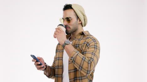 phone, coffee and man on a white background