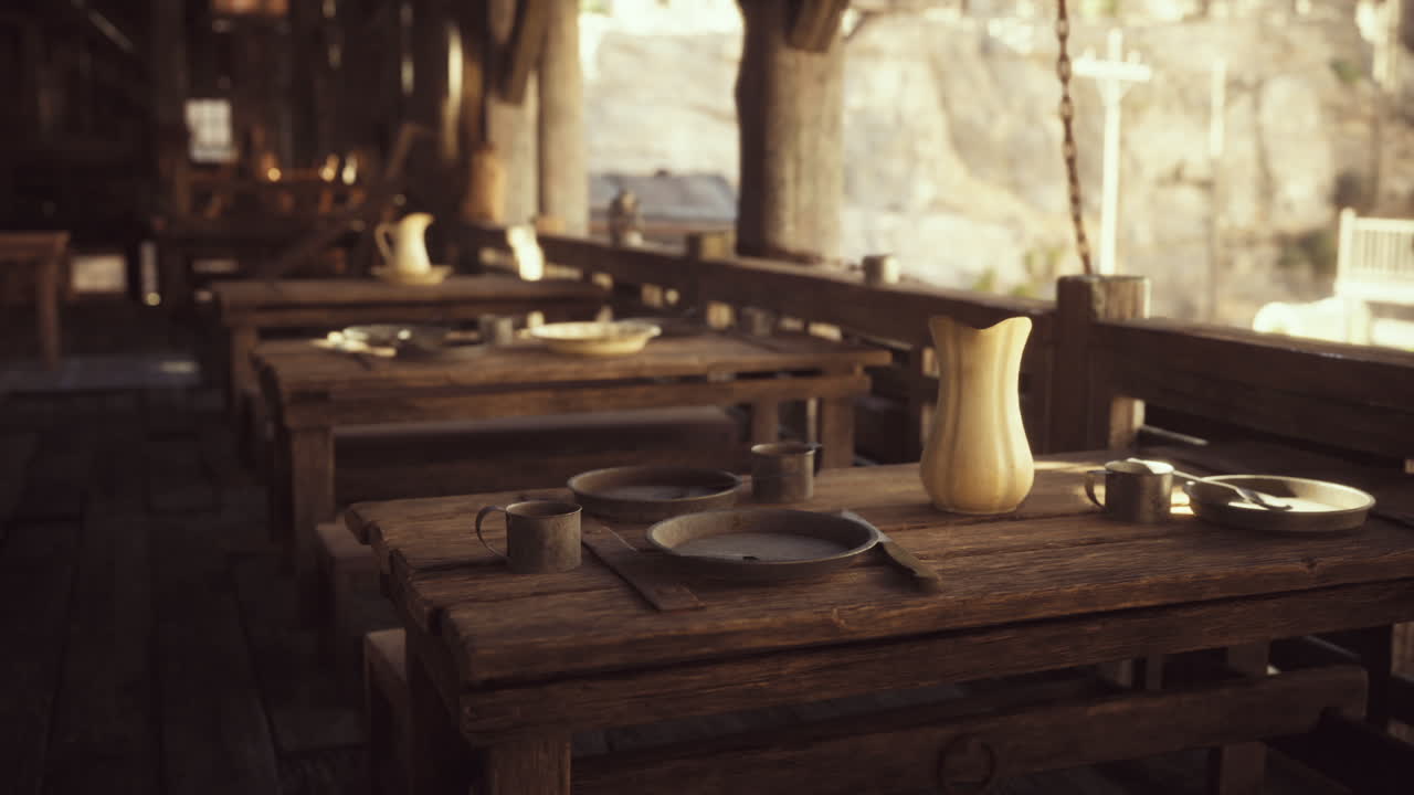 Rustic dining setup with wooden tables and utensils in a serene setting