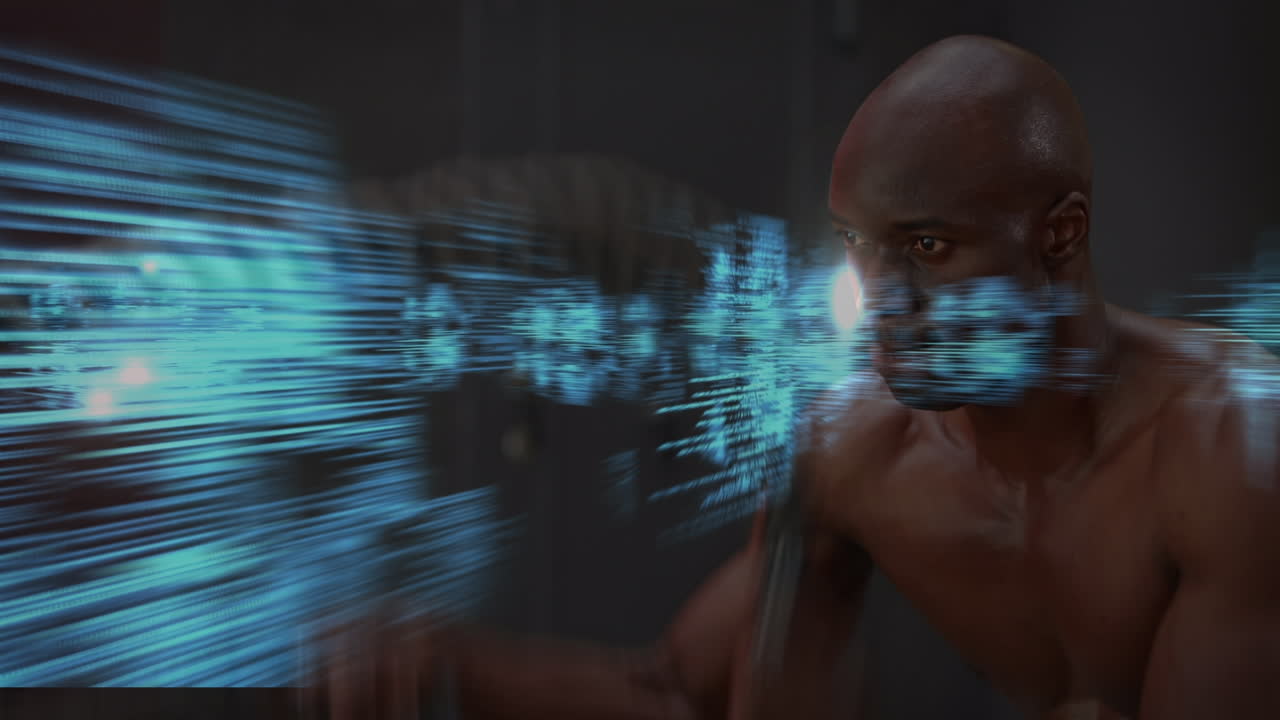 animación de la cadena de adn girando sobre el procesamiento de datos y ejercitando hombre fuerte