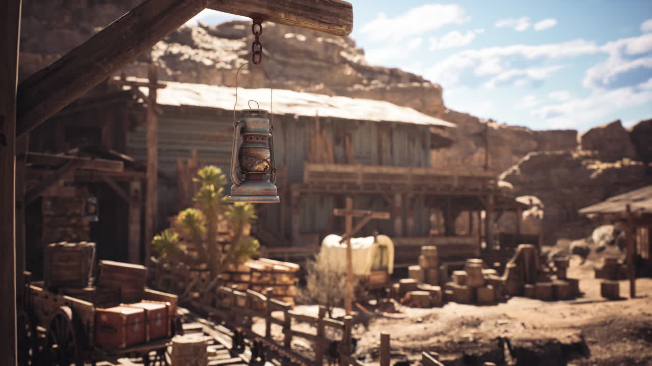 Old western settlement with wooden buildings and desert landscape