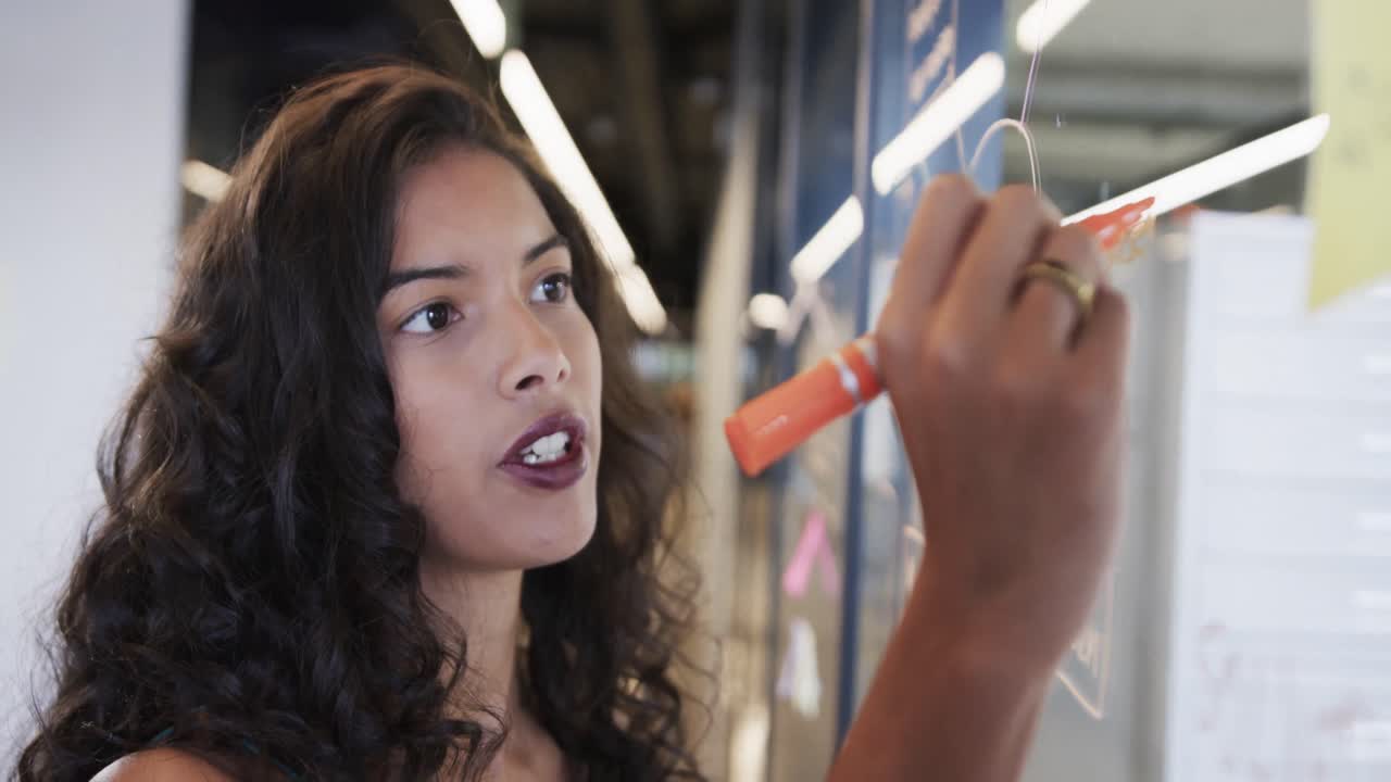 mujer de negocios casual biracial haciendo notas en la pared de vidrio en la oficina, cámara lenta