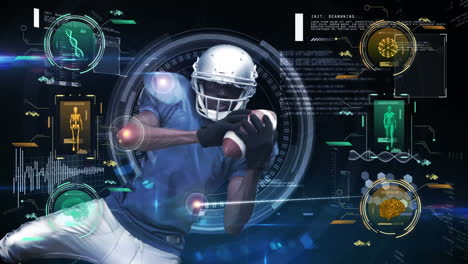 animación del procesamiento de datos sobre el jugador de fútbol americano afroamericano masculino atrapando.