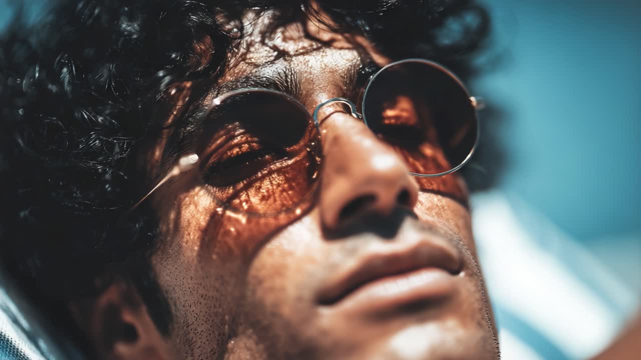 A Relaxing Moment Under the Sun: Capturing the Serenity and Style of a Young Man with Curly Hair and Sunglasses in a Calm Atmosphere