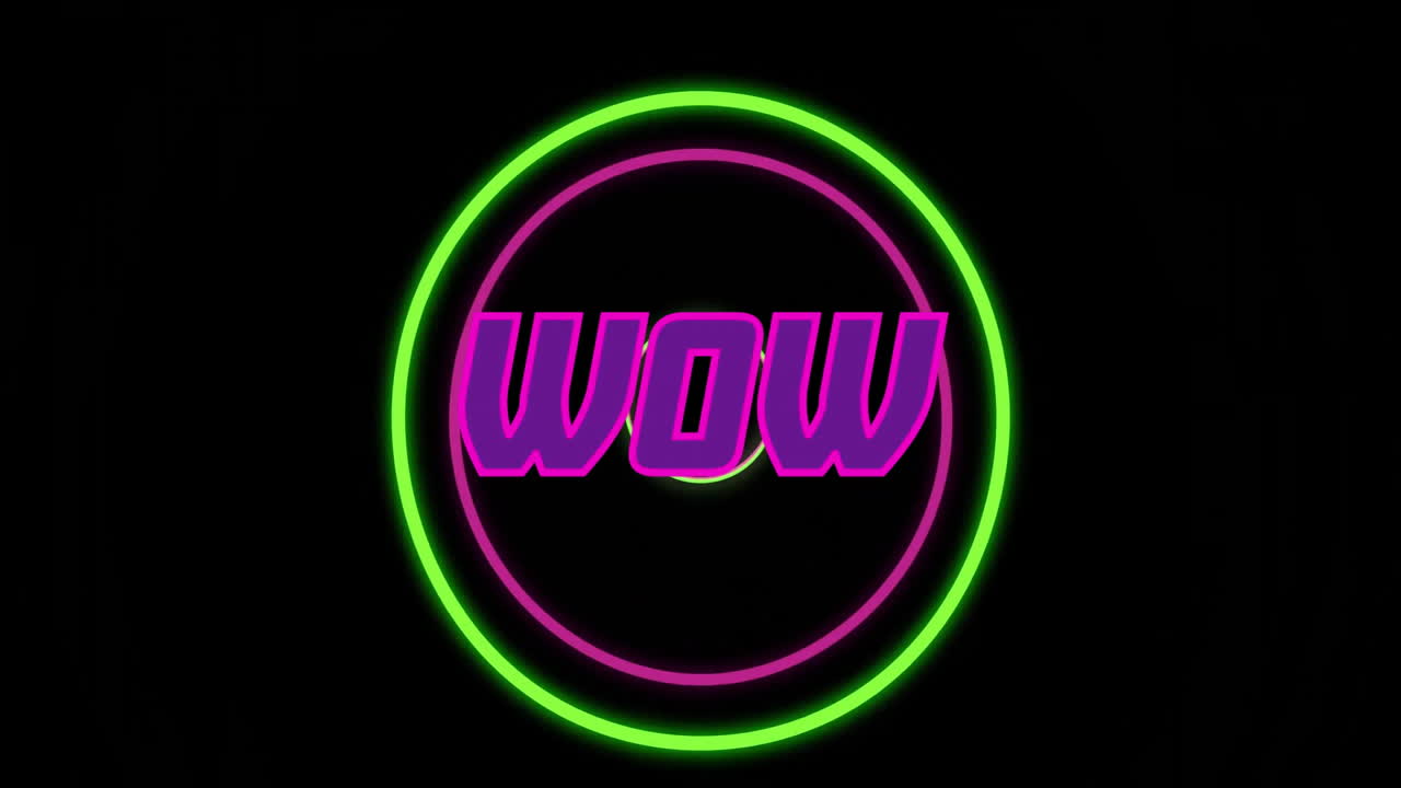 WOW text in bold with neon green circle on black background, animation style