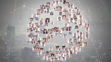 animación del globo con diversos retratos de personas y procesamiento de datos sobre el paisaje urbano