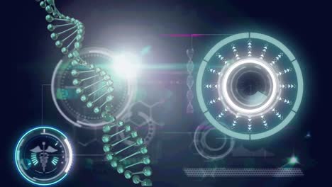 DNA-Struktur-Spinning-Und-Rundscanner-Vor-Medizinischer-Datenverarbeitung-Auf-Blauem-Hintergrund