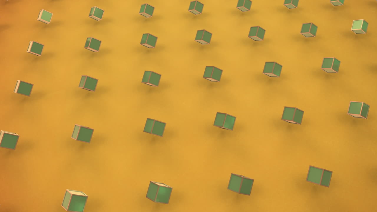 노란색 배경에 움직이는 3d 큐브