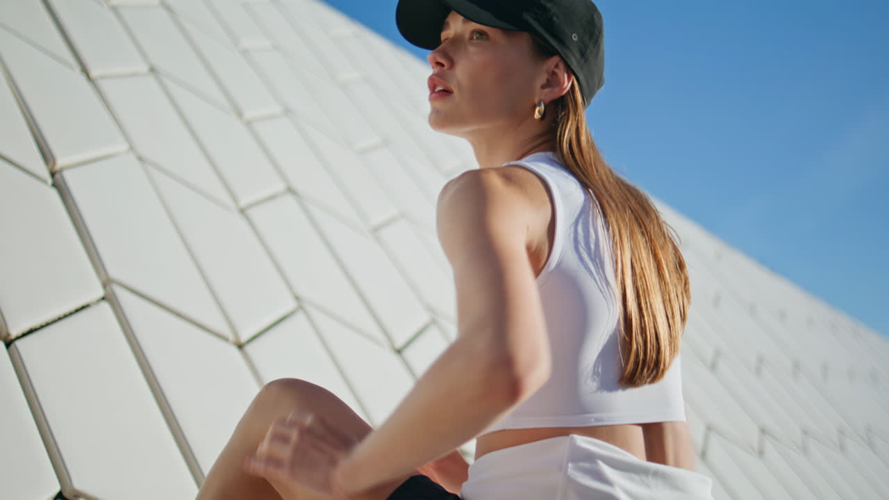 Closeup girl exercising at summer sunlight outdoors. Sport woman