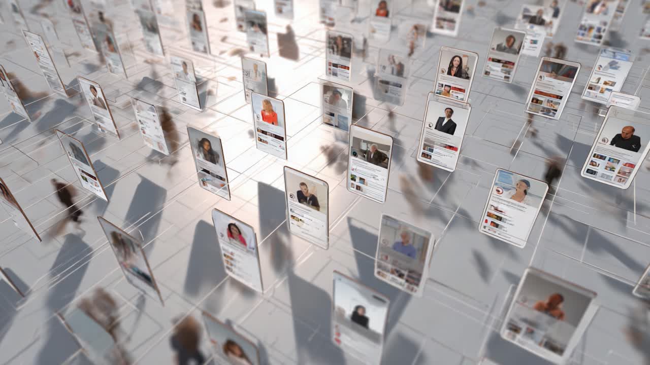 A dynamic digital landscape of interconnected profiles, showcasing a multitude of individuals represented on transparent screens, reflecting the diverse interactions and engagements in a virtual space