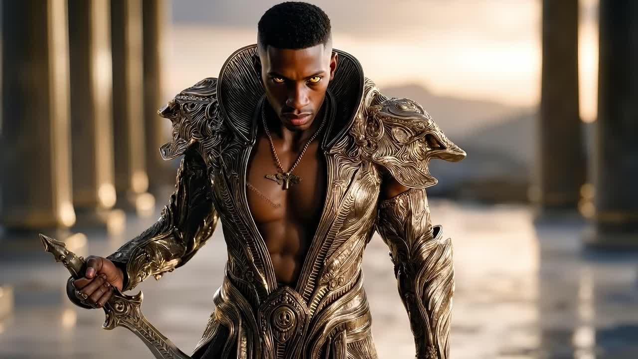 A man in a gold armor holding a sword