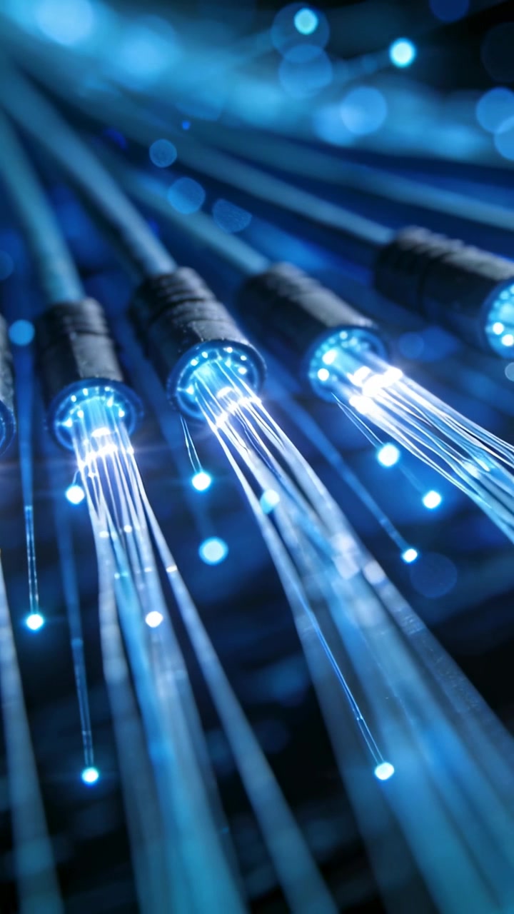 Video verticale: Messa a fuoco variabile che rivela connettori in fibra ottica che pulsano luce blu in un data center.