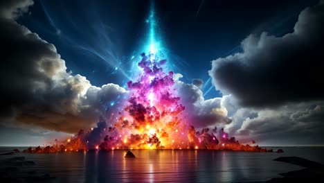 colorful mountain erupts with vibrant lights under stormy sky