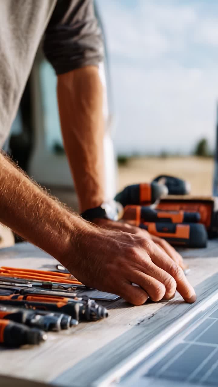 A Focused Craftsman Organizing His Tools on a Workbench While Preparing for a Project, Demonstrating Craftsmanship and Attention to Detail