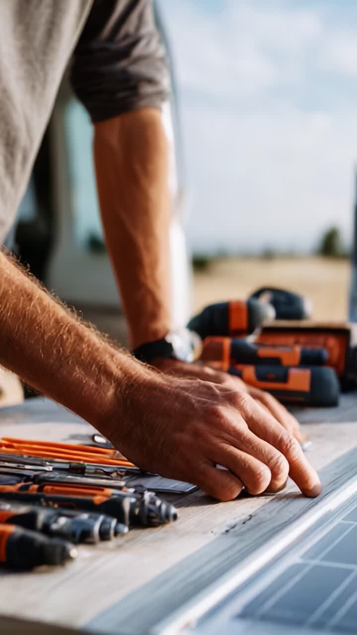 A Focused Craftsman Organizing His Tools on a Workbench While Preparing for a Project, Demonstrating Craftsmanship and Attention to Detail