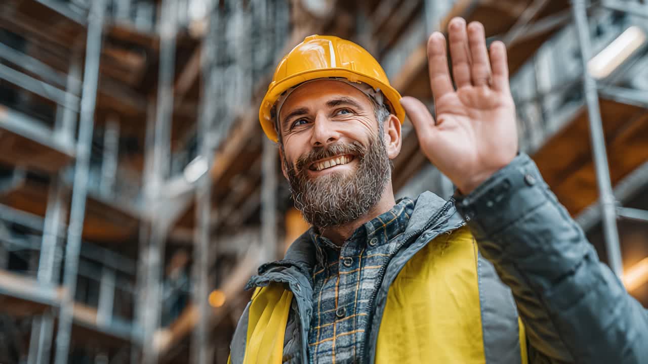 A smiling construction worker in safety gear waves cheerfully while showcasing a positive attitude on a busy job site, promoting confidence and teamwork in the construction industry