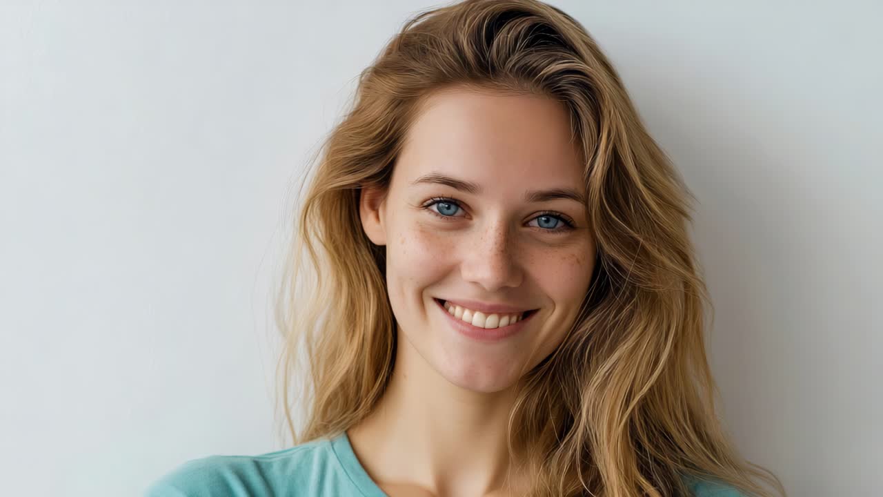 Portrait of a Smiling Woman with Blue Eyes and Freckles