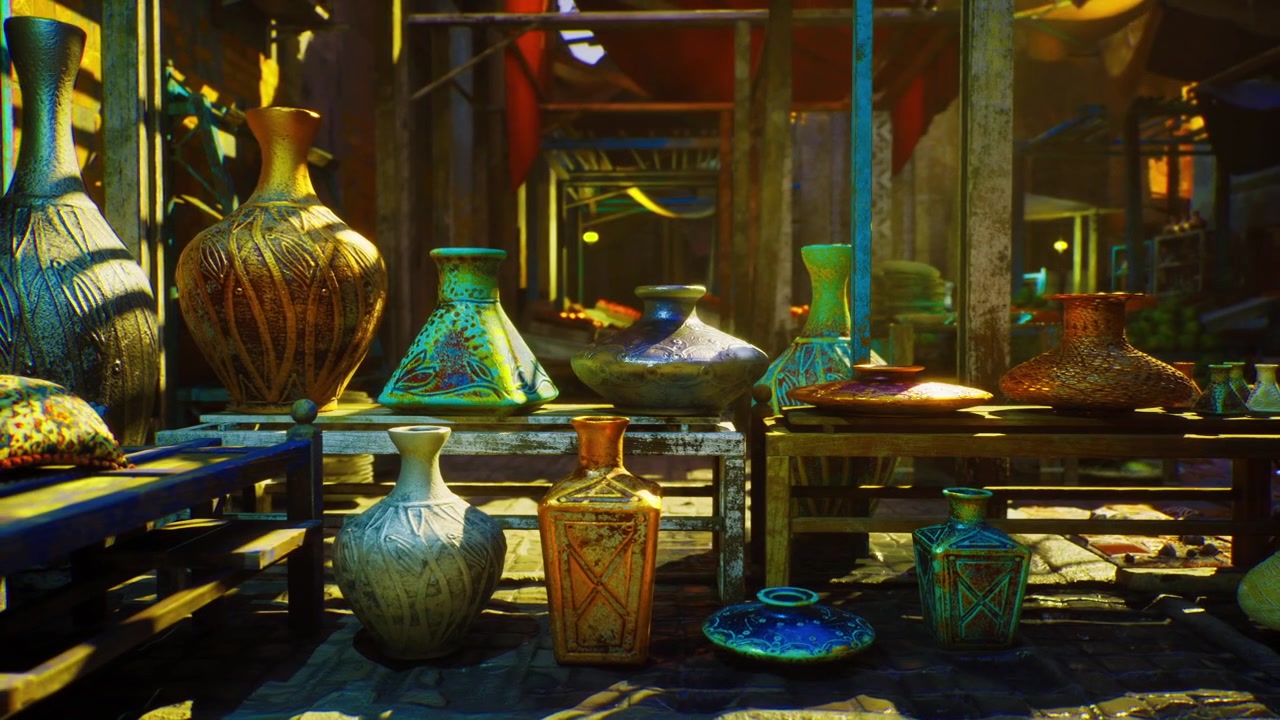 Pezzi di ceramica all'antica esposti con dettagli intricati e illuminazione.