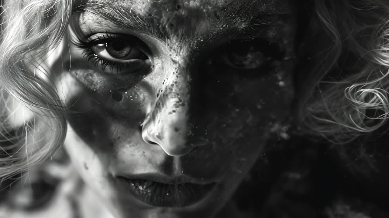 Camera focusing on adult woman fixing stare shifting and tilting head reflecting in studio