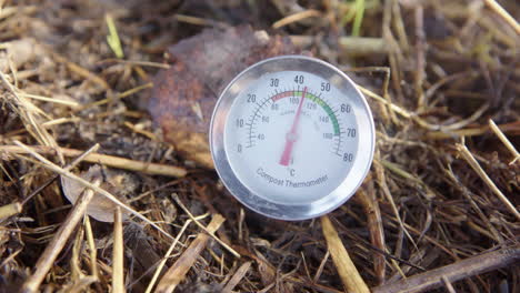 big closeup pan of a compost thermometer in a healthy steaming heap