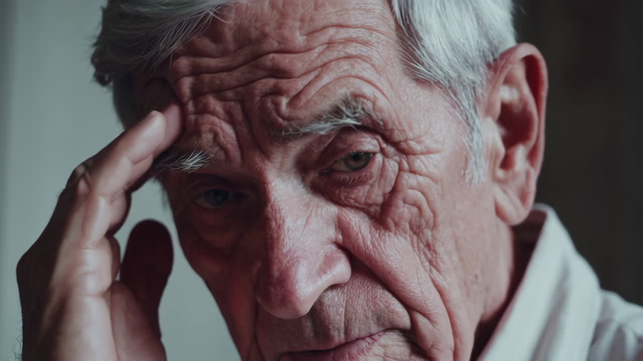 Close-up portrait of an elderly man with a pensive or worried expression