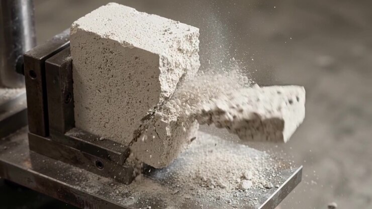 Press pressing light-gray concrete block in clamp for testing, wedge breaking and powder ejecting