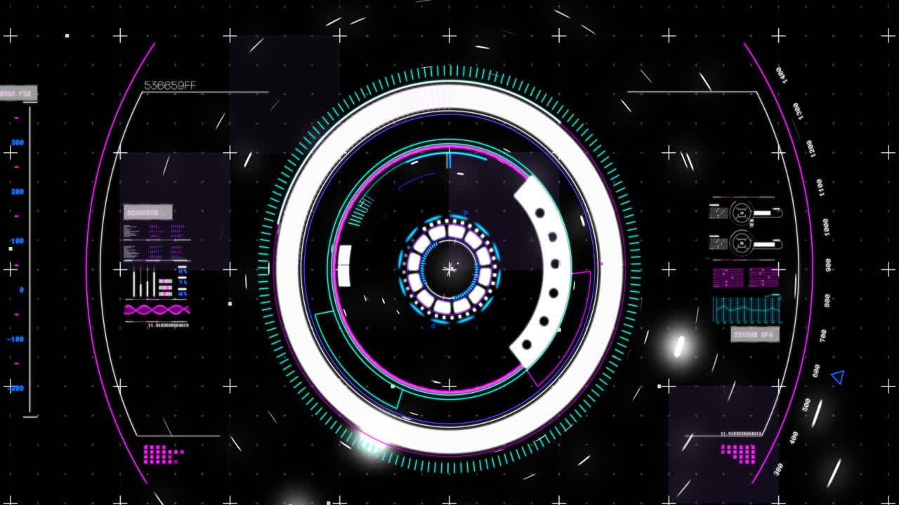 Animation of circular scope scanning and digital interface showing statistics on a black background