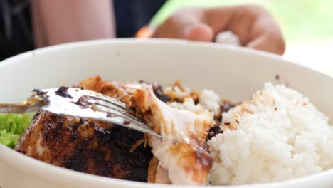 접시 위 에 있는 그릴 치킨 조각 의 클로즈업