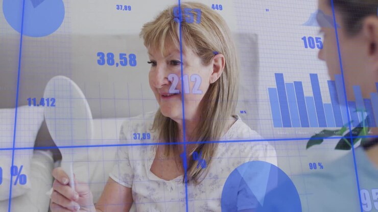 Animation of multiple graph with changing numbers, caucasian woman styling hair using mirror