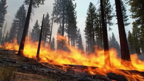 a stunning visual of a forest fire ravaging through tall pines, evoking a sense of urgency and the power of nature's fury as flames devour everything in their path