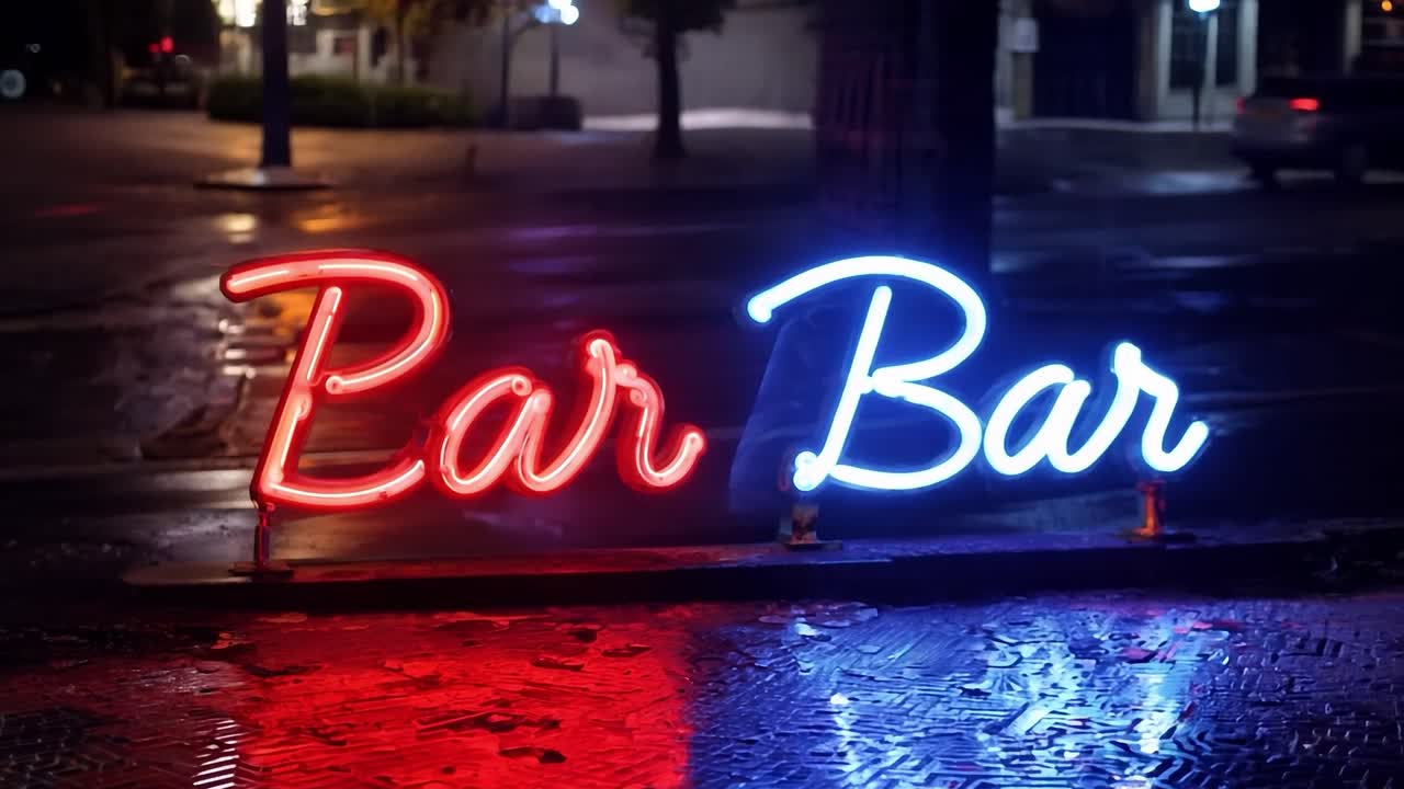 segno al neon che legge bar bar lampeggia rosso e blu su una strada della città di notte, i suoi colori si riflettono nel marciapiede bagnato