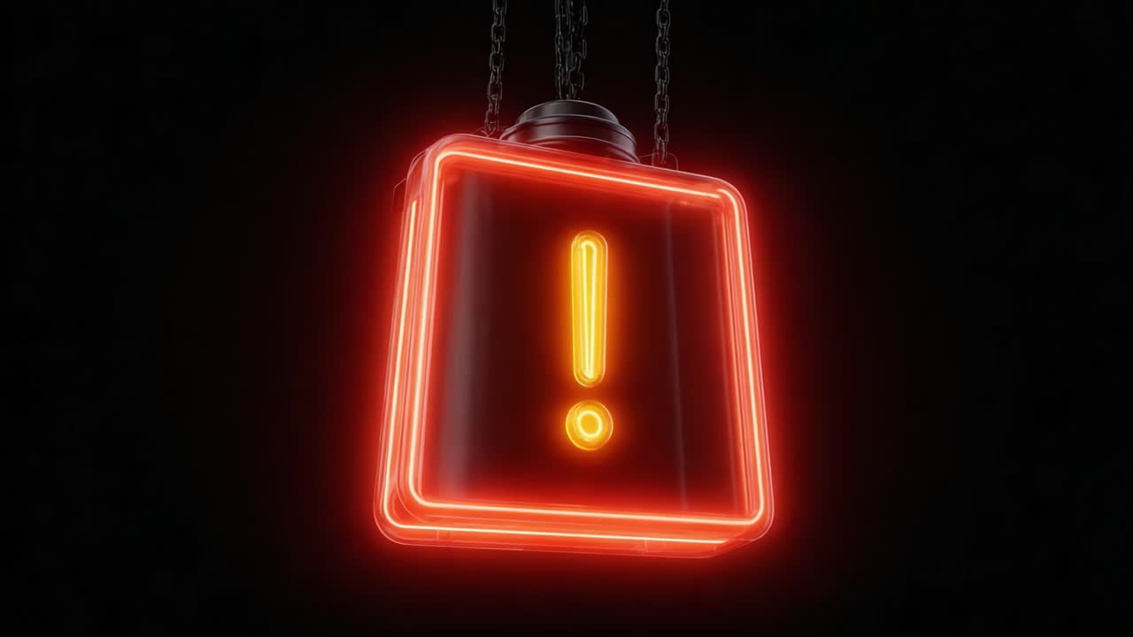 A striking neon warning sign glowing in vibrant orange and red hues, showcasing the iconic exclamation mark against a dark background, capturing attention and invoking urgency