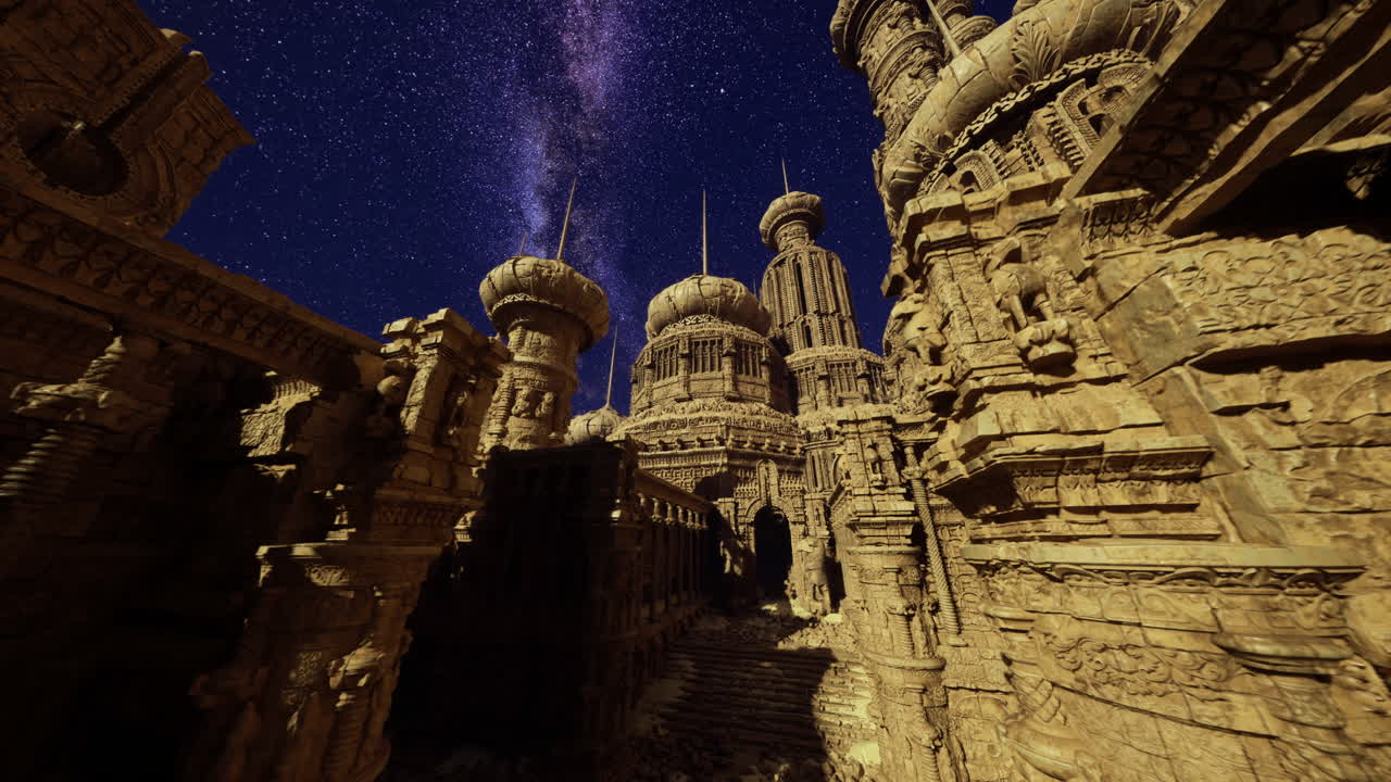 Sculpted temples under a starry sky in an ancient landscape at night